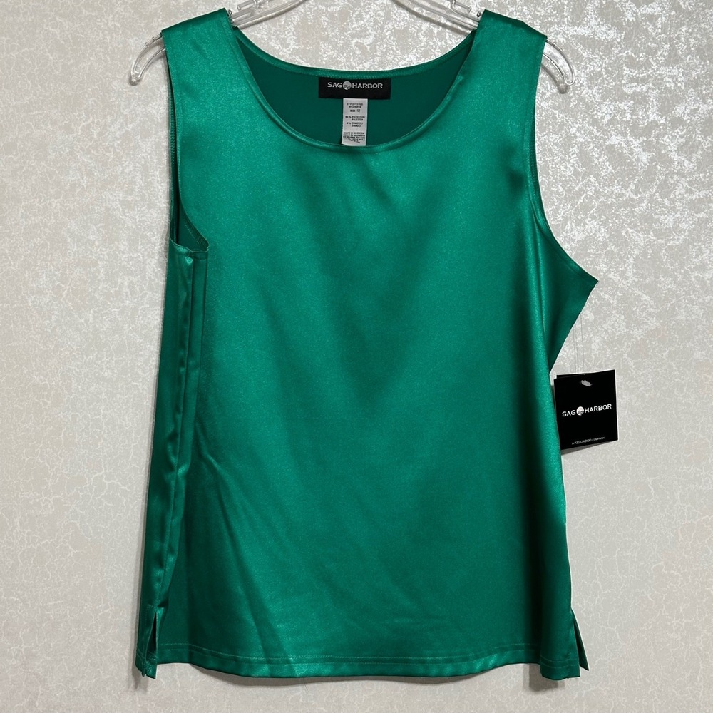 Sag Harbor NWT Sleeveless Top Lily Pad Green Silky Satin Tank Blouse Camisole 12